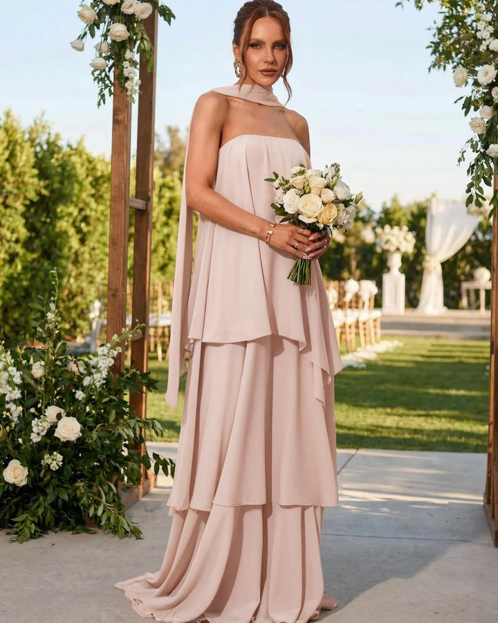 Chiffon Strapless Long Formal Dresses with Scarf