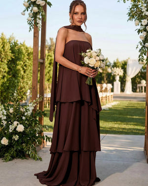 Chiffon Strapless Long Bridesmaid Dresses with Scarf