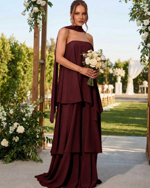 Chiffon Strapless Long Bridesmaid Dresses with Scarf