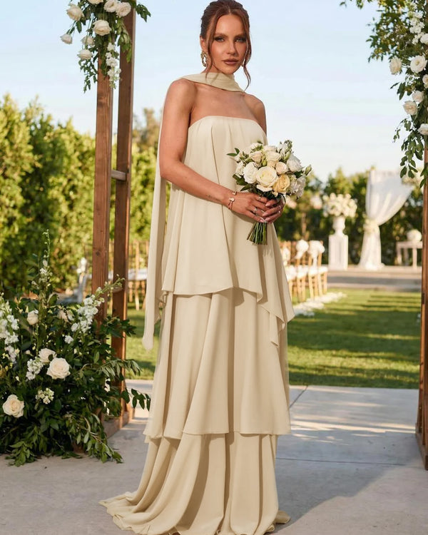 Chiffon Strapless Long Bridesmaid Dresses with Scarf