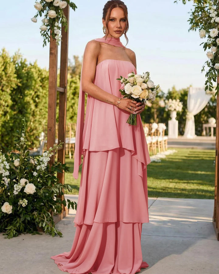 Chiffon Strapless Long Formal Dresses with Scarf