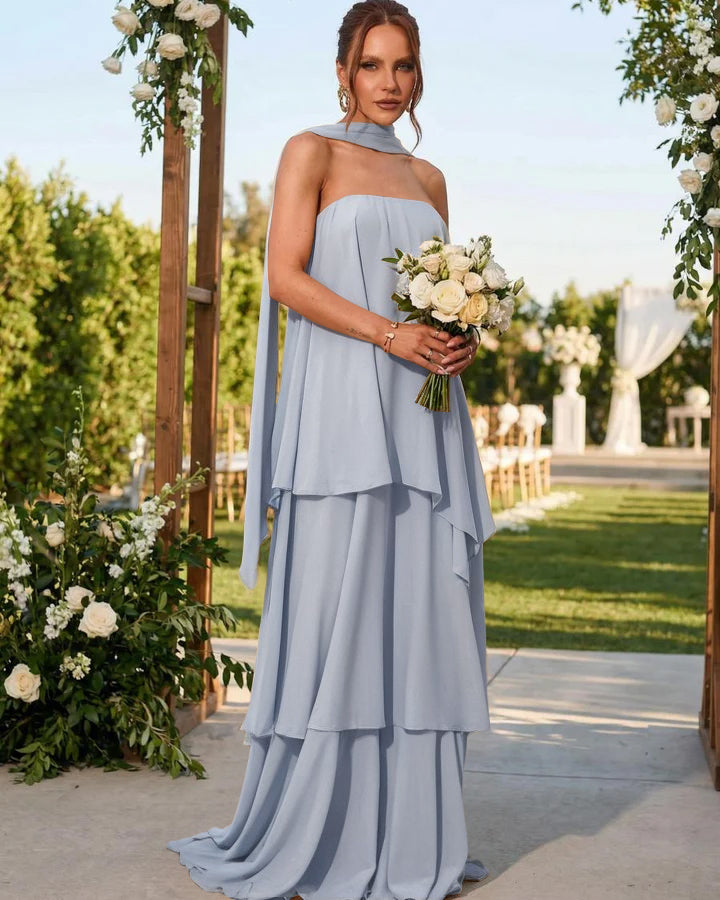 Chiffon Strapless Long Formal Dresses with Scarf