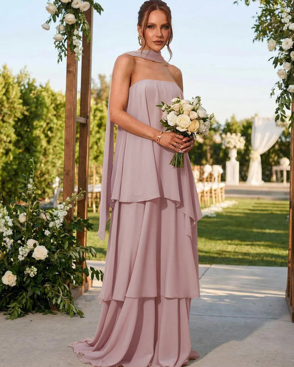 Chiffon Strapless Long Bridesmaid Dresses with Scarf