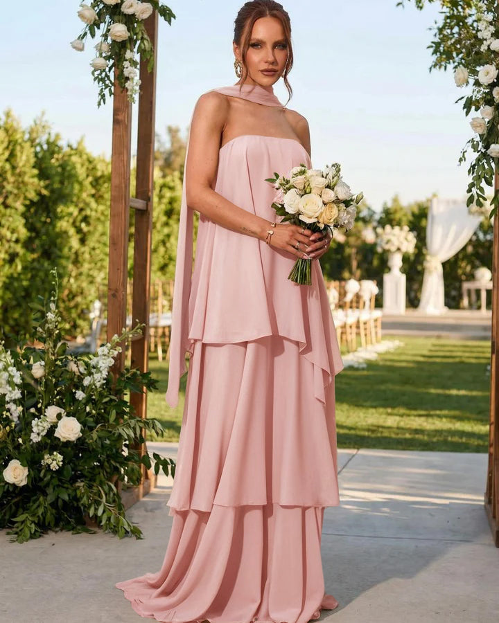 Chiffon Strapless Long Formal Dresses with Scarf