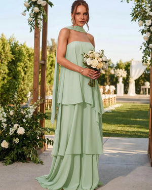 Chiffon Strapless Long Bridesmaid Dresses with Scarf