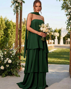 Chiffon Strapless Long Bridesmaid Dresses with Scarf