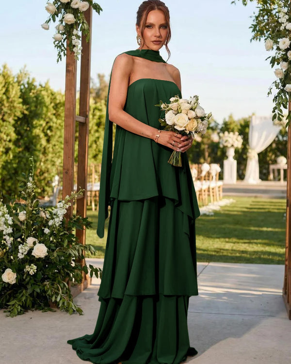 Chiffon Strapless Long Bridesmaid Dresses with Scarf