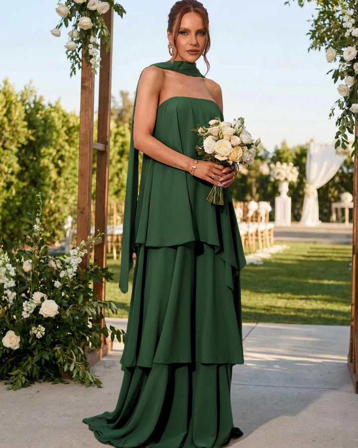 Chiffon Strapless Long Formal Dresses with Scarf