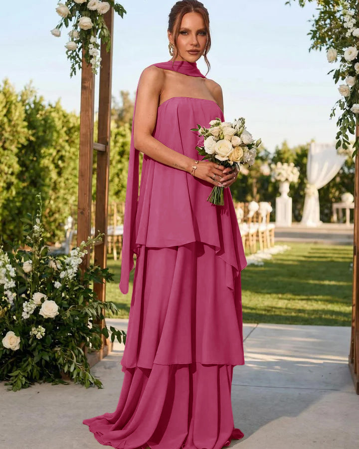 Chiffon Strapless Long Formal Dresses with Scarf
