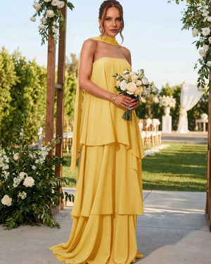 Chiffon Strapless Long Bridesmaid Dresses with Scarf