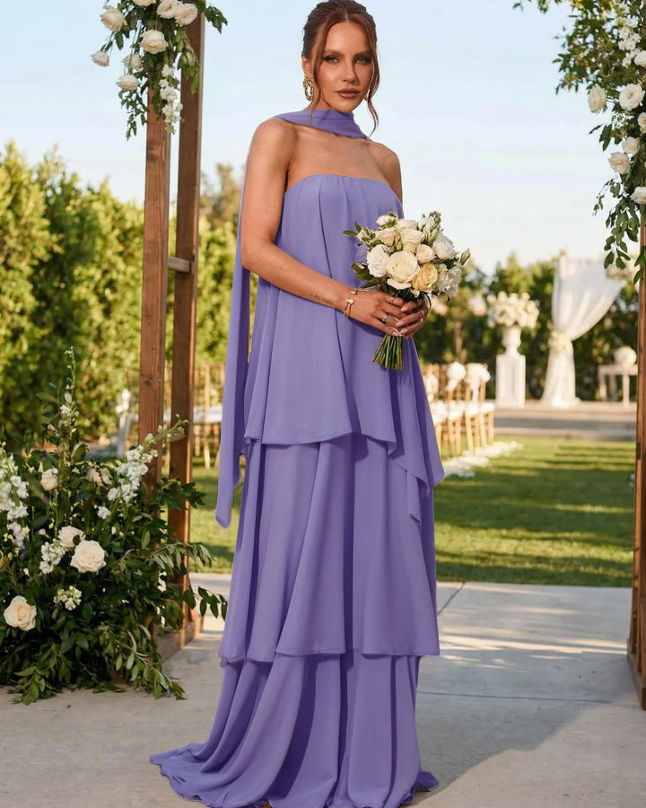 Chiffon Strapless Long Formal Dresses with Scarf
