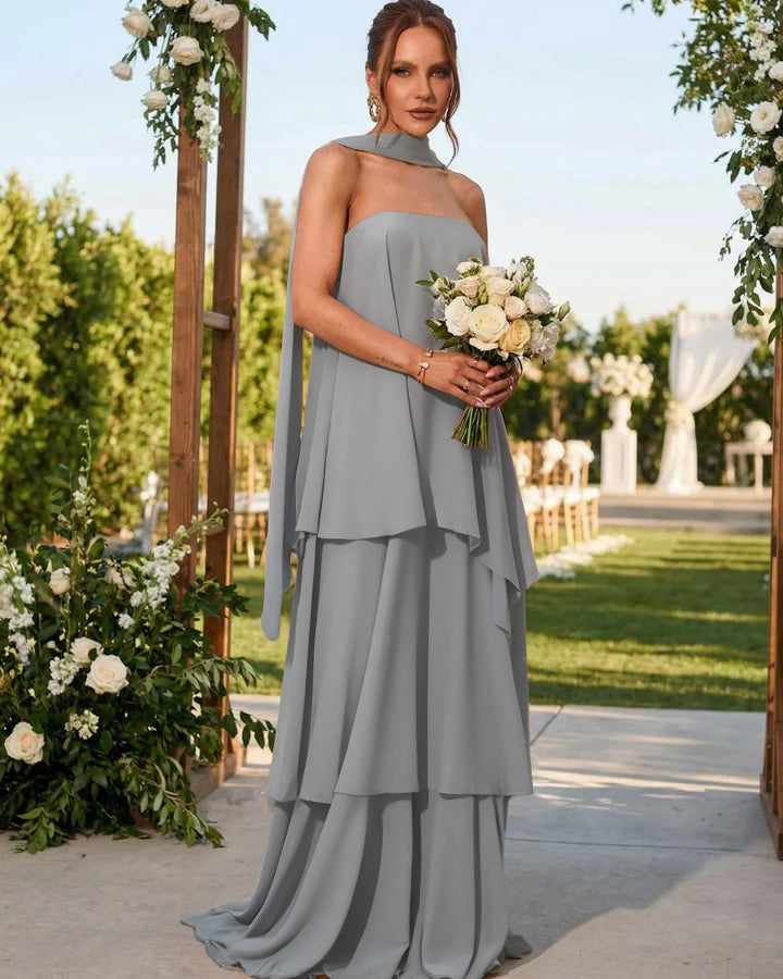 Chiffon Strapless Long Formal Dresses with Scarf