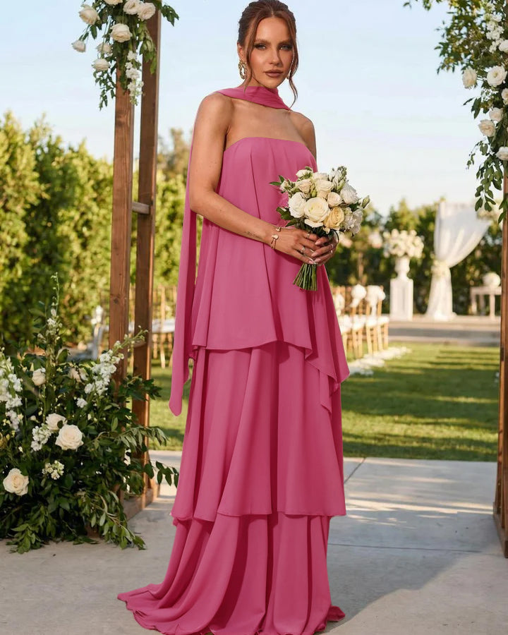 Chiffon Strapless Long Formal Dresses with Scarf