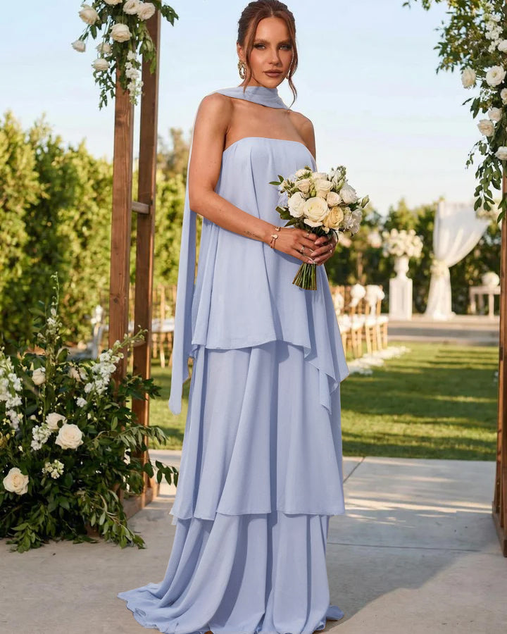 Chiffon Strapless Long Formal Dresses with Scarf
