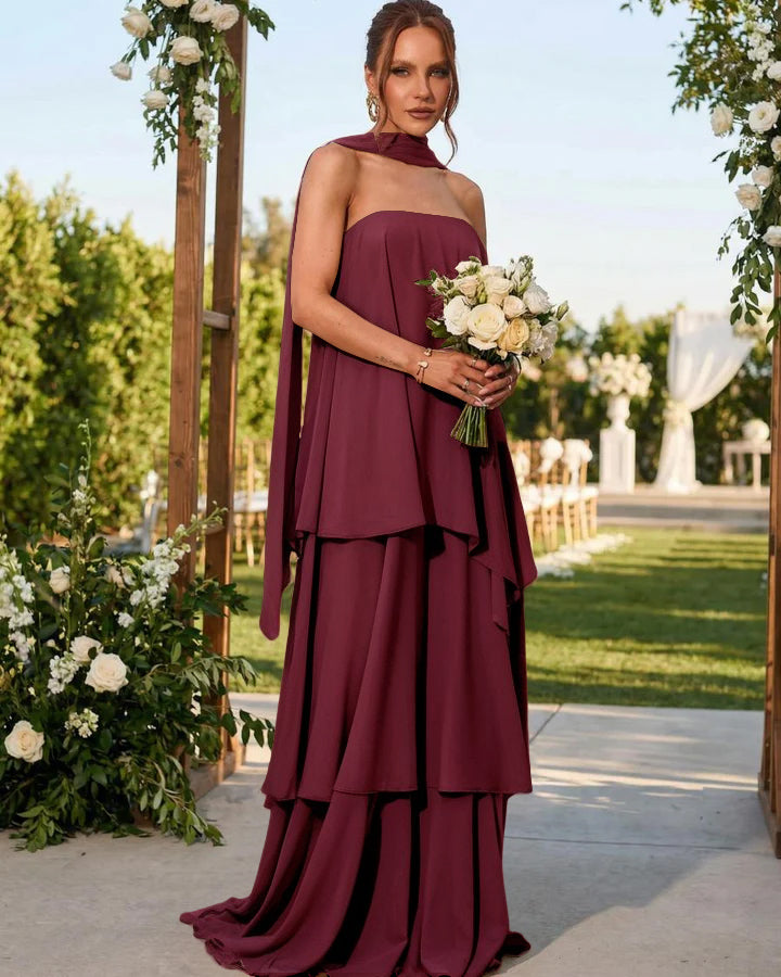 Chiffon Strapless Long Formal Dresses with Scarf