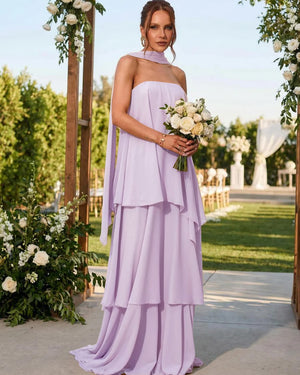 Chiffon Strapless Long Bridesmaid Dresses with Scarf