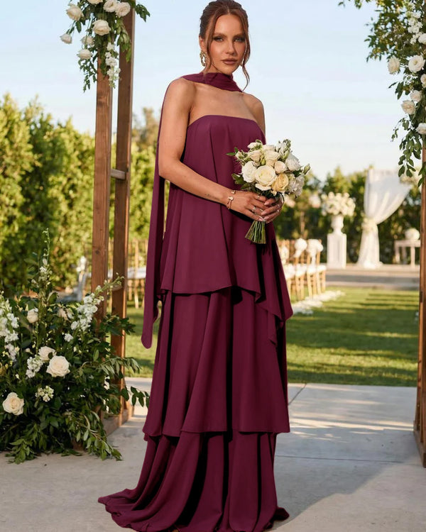 Chiffon Strapless Long Bridesmaid Dresses with Scarf