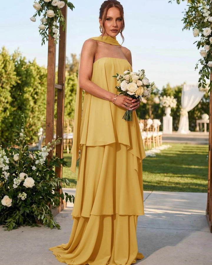Chiffon Strapless Long Formal Dresses with Scarf