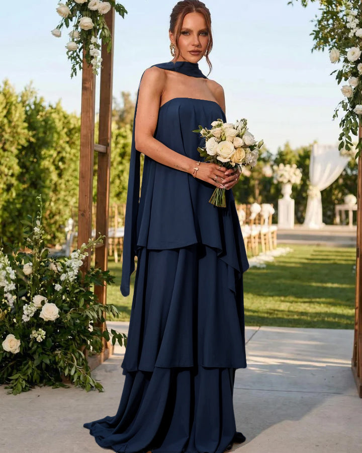 Chiffon Strapless Long Formal Dresses with Scarf