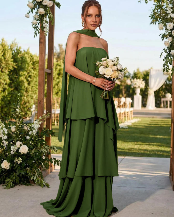 Chiffon Strapless Long Formal Dresses with Scarf