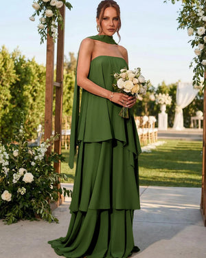 Chiffon Strapless Long Bridesmaid Dresses with Scarf