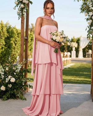 Chiffon Strapless Long Bridesmaid Dresses with Scarf