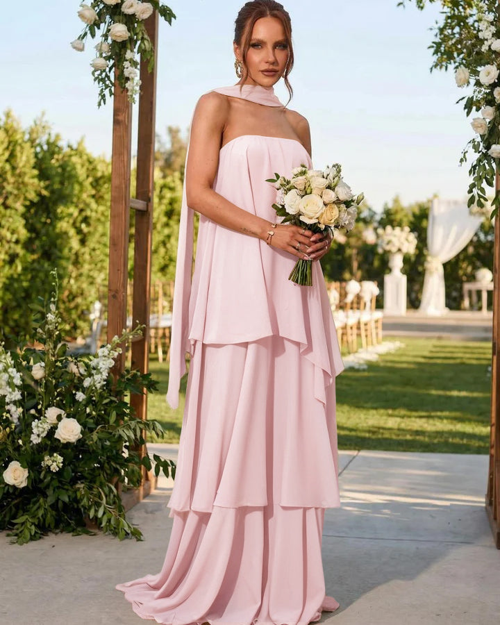 Chiffon Strapless Long Formal Dresses with Scarf
