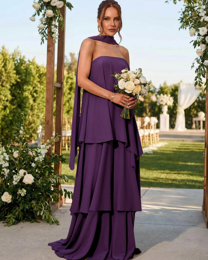 Chiffon Strapless Long Formal Dresses with Scarf