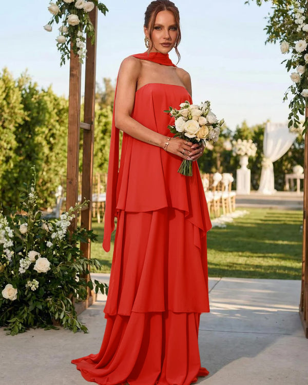 Chiffon Strapless Long Bridesmaid Dresses with Scarf