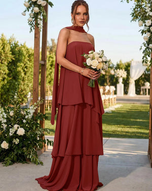 Chiffon Strapless Long Bridesmaid Dresses with Scarf