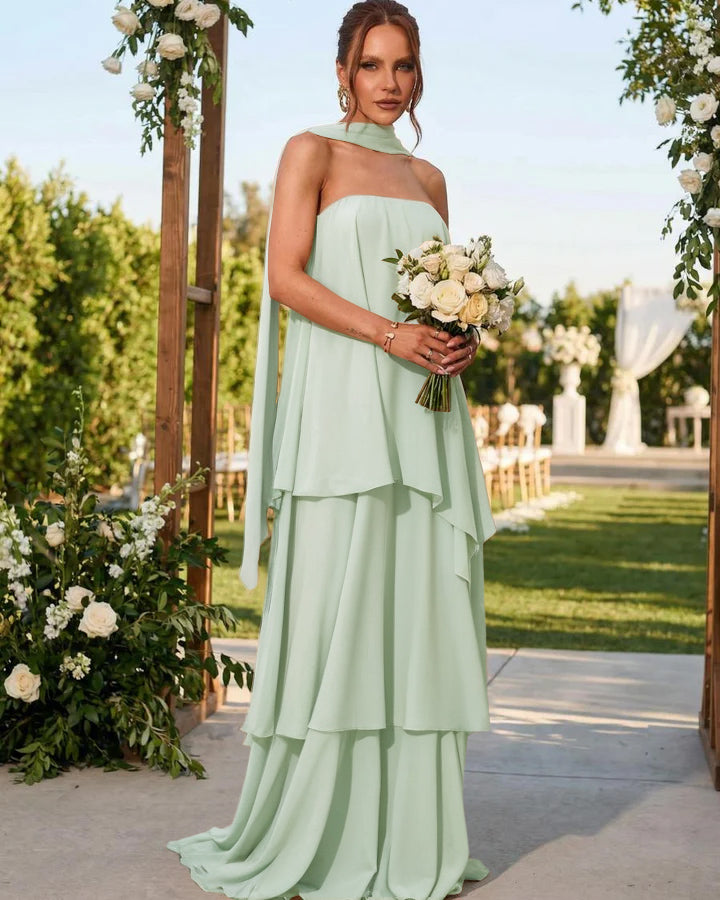 Chiffon Strapless Long Formal Dresses with Scarf