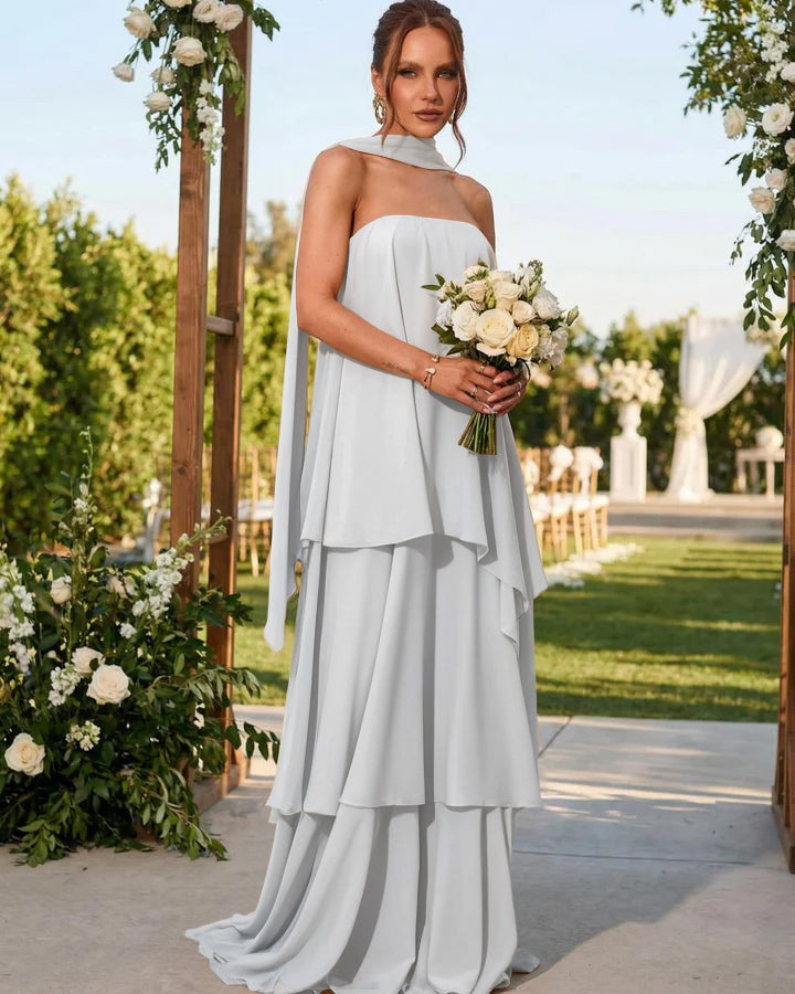 Chiffon Strapless Long Formal Dresses with Scarf