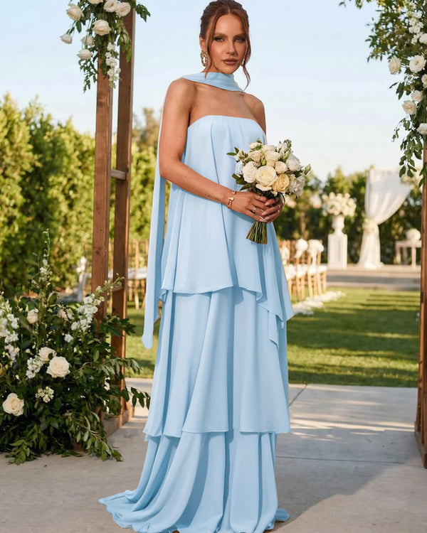 Chiffon Strapless Long Bridesmaid Dresses with Scarf