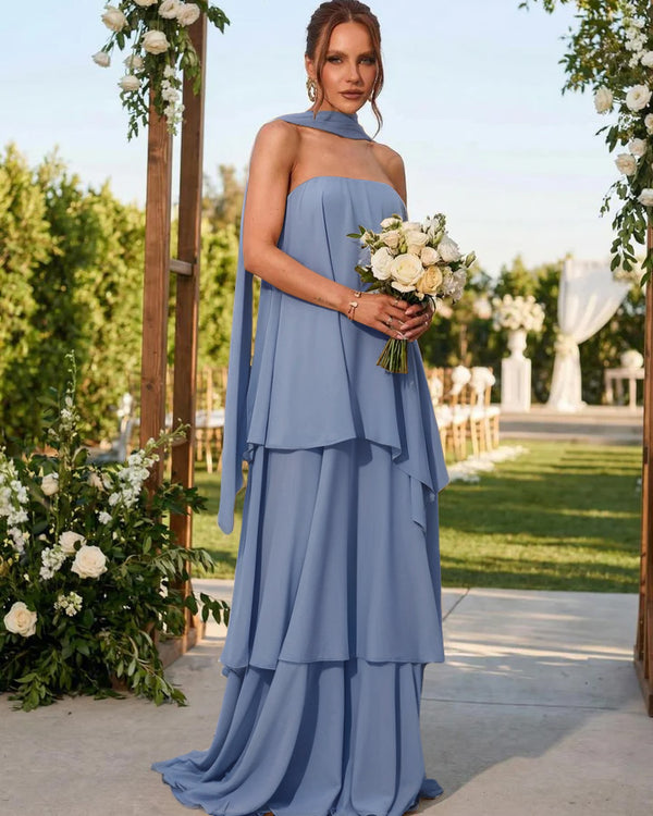 Chiffon Strapless Long Bridesmaid Dresses with Scarf