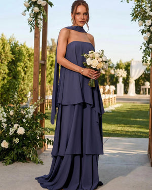 Chiffon Strapless Long Bridesmaid Dresses with Scarf