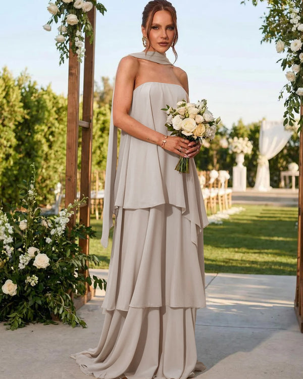 Chiffon Strapless Long Bridesmaid Dresses with Scarf