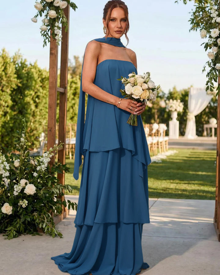 Chiffon Strapless Long Formal Dresses with Scarf