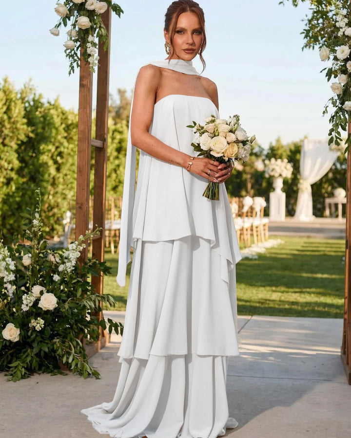 Chiffon Strapless Long Formal Dresses with Scarf