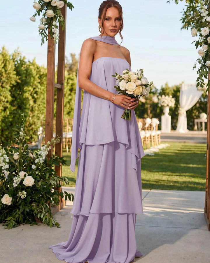 Chiffon Strapless Long Formal Dresses with Scarf