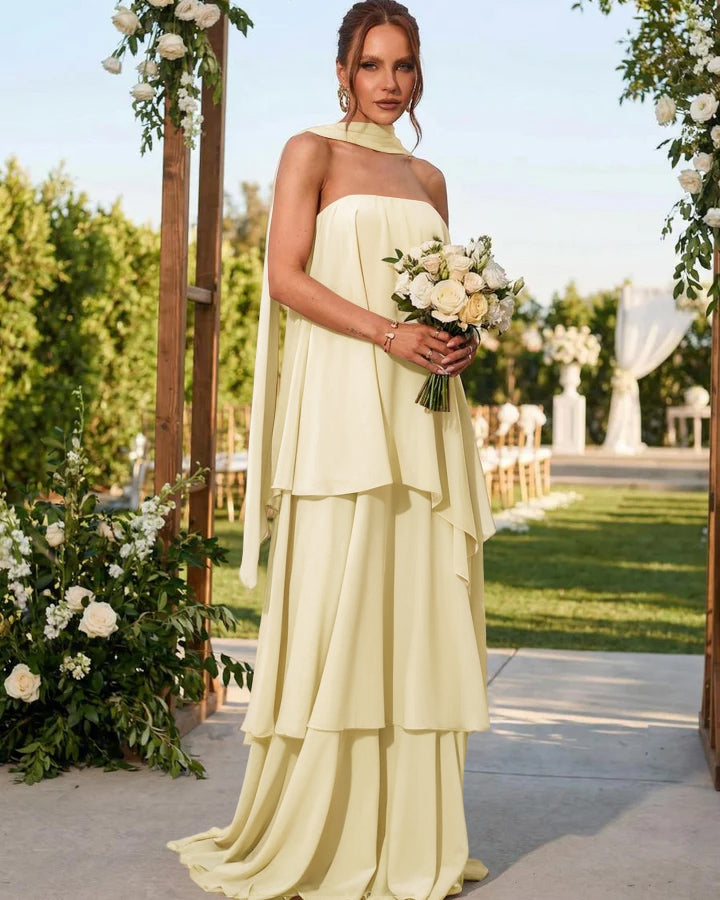 Chiffon Strapless Long Formal Dresses with Scarf
