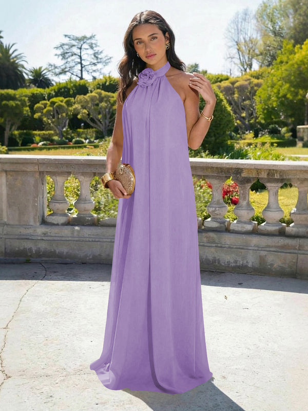 Chiffon Halter Long Backless Bridesmaid Dresses
