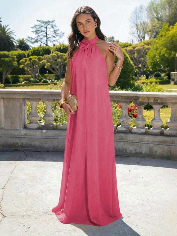 Chiffon Halter Long Backless Bridesmaid Dresses