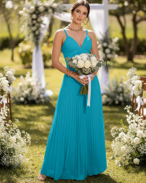 Spaghetti Straps Chiffon Pleated Maxi Bridesmaid Dresses