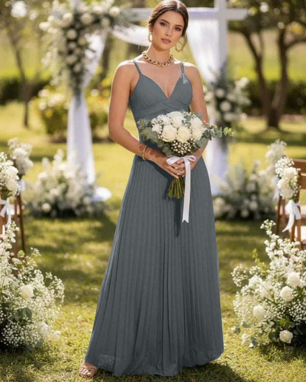 Spaghetti Straps Chiffon Pleated Maxi Bridesmaid Dresses
