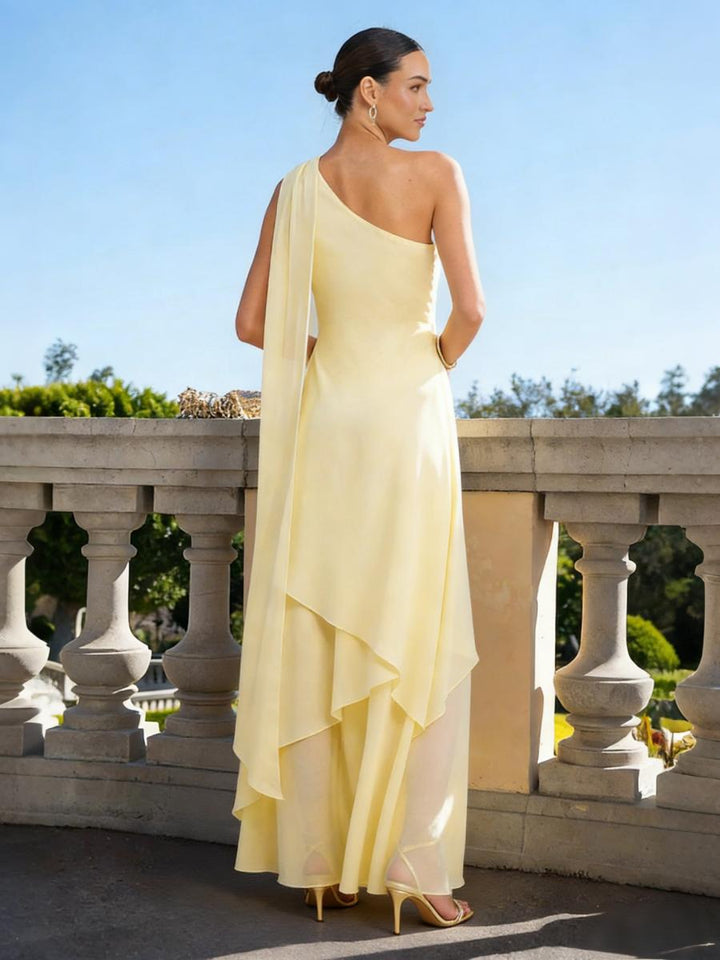 One Shoulder Chiffon Pleated Long Formal Dresses