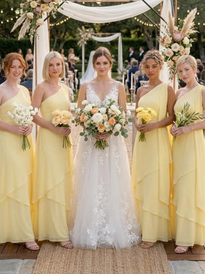 One Shoulder Chiffon Pleated Long Bridesmaid Dresses