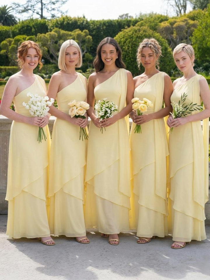 One Shoulder Chiffon Pleated Long Formal Dresses