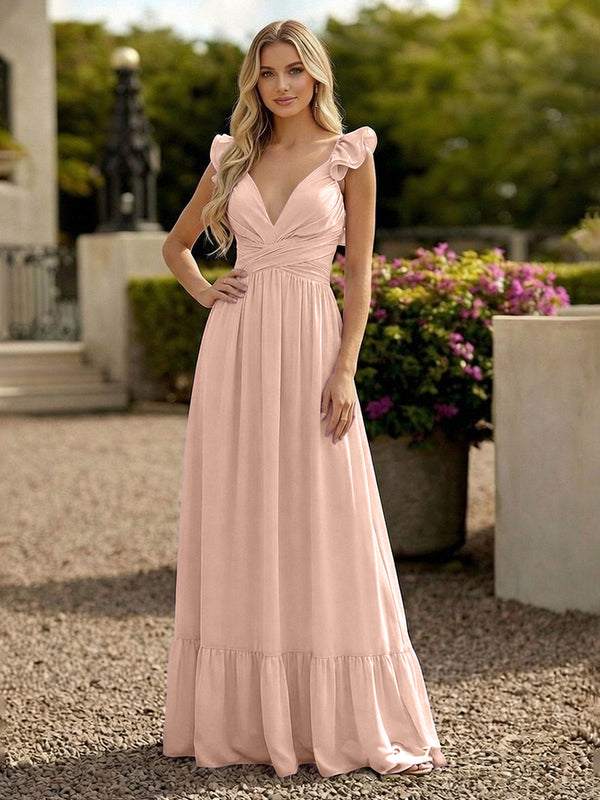 V Neck Backless Bridesmaid Dresses with Ruffles Chiffon