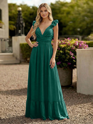 V Neck Backless Bridesmaid Dresses with Ruffles Chiffon