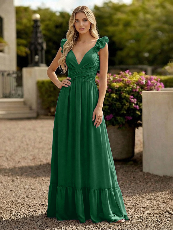 V Neck Backless Bridesmaid Dresses with Ruffles Chiffon